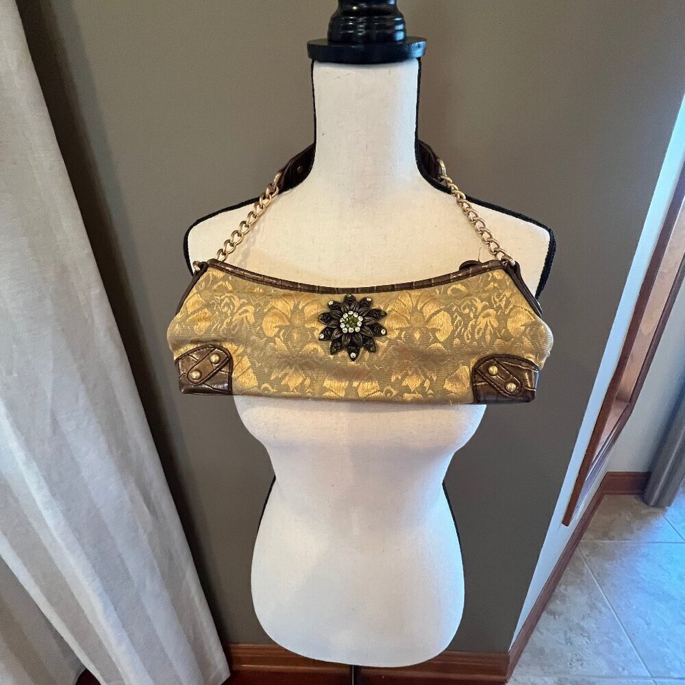 Apt 9 Gold Brocade Mini Handbag Purse, Brown Accents, Flower Broach Y2K Style
